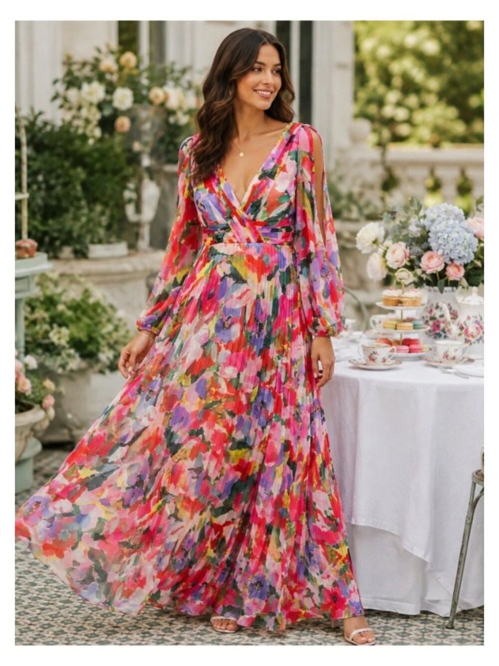 Betsy & Adam Floral V-Neck Long Sleeve Pleated Chiffon Gown A26351 Multicolor Fl